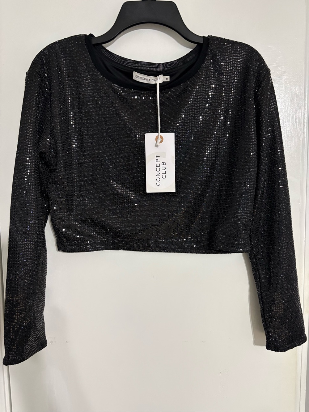 Concept Club Black Sequin Cropped Long-Sleeve Top Size M NWT